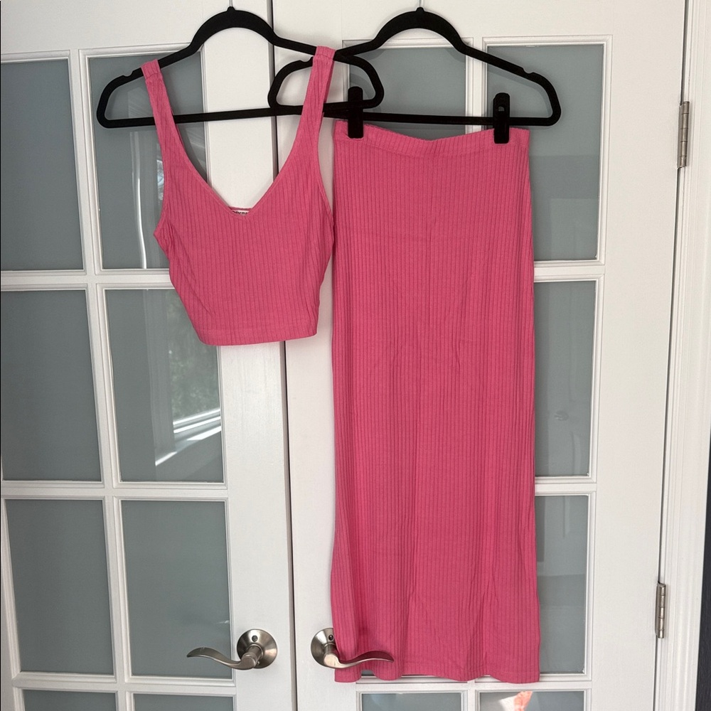 Reformation Pink Ribbed Sleeveless Crop Top & Maxi Skirt Set